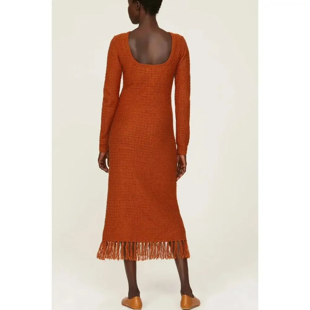 Pamela Love Clay Brown Crochet Maxi Dress LARGE Sweater Fringe Designer $395 - Picture 3 of 13